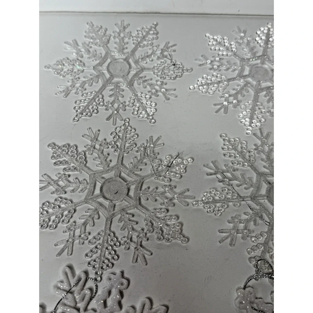 Lot 12 Snowflake Christmas Ornaments White Clear & Opaque Glitter Plastic Winter